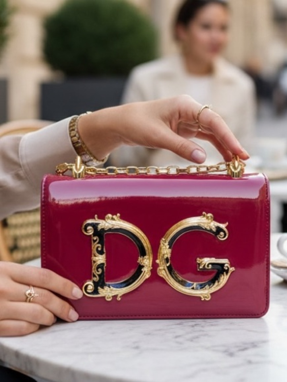 Designer Fuchsia red Patent leather DG gold Chain Shoulder Crossbody Bag new
